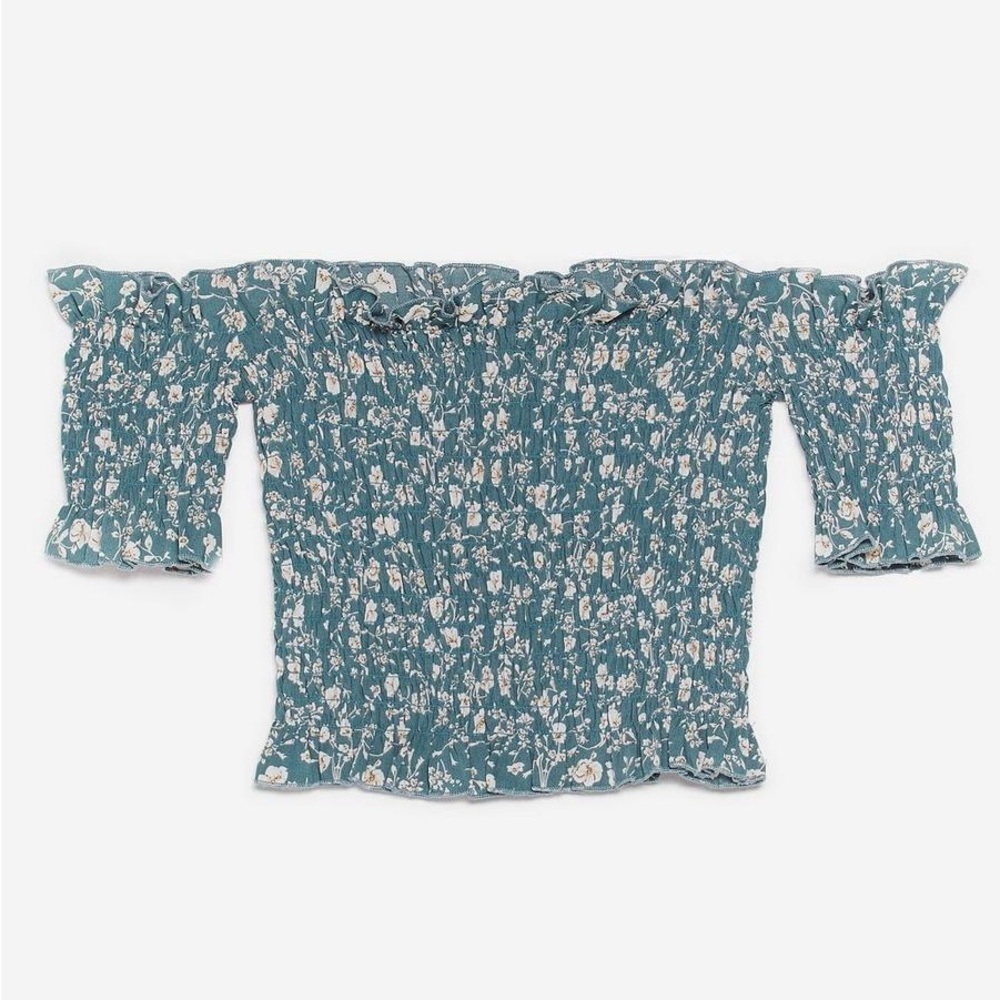 🎀 Nasty Gal Floral Shirred Bardot Crop Top Green Scrunched Size US2 NWOT